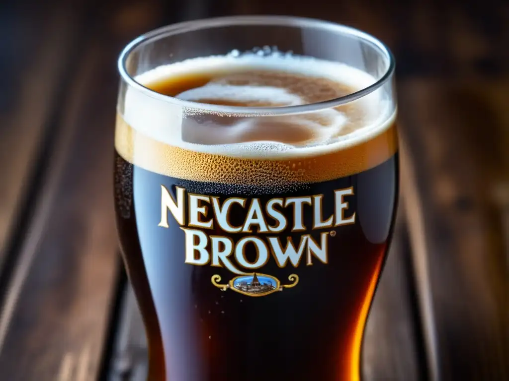 Vista cercana de una cerveza Newcastle Brown Ale con color marrón oscuro y espuma cremosa