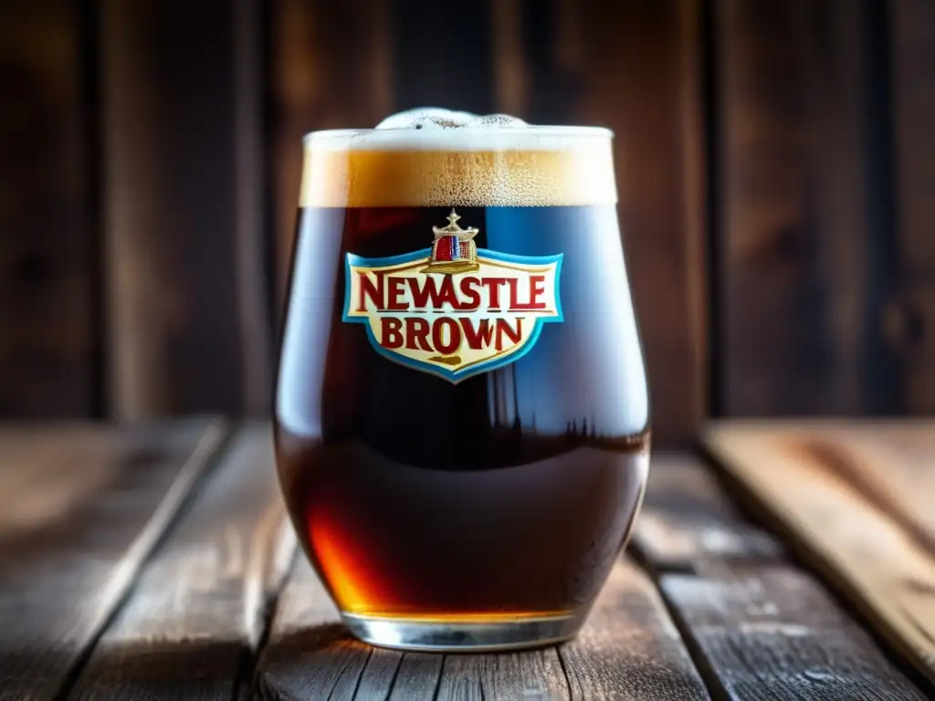 Cerveza Brown Ale con color marrón oscuro, espuma cremosa y burbujas en vaso sobre mesa de madera rústica