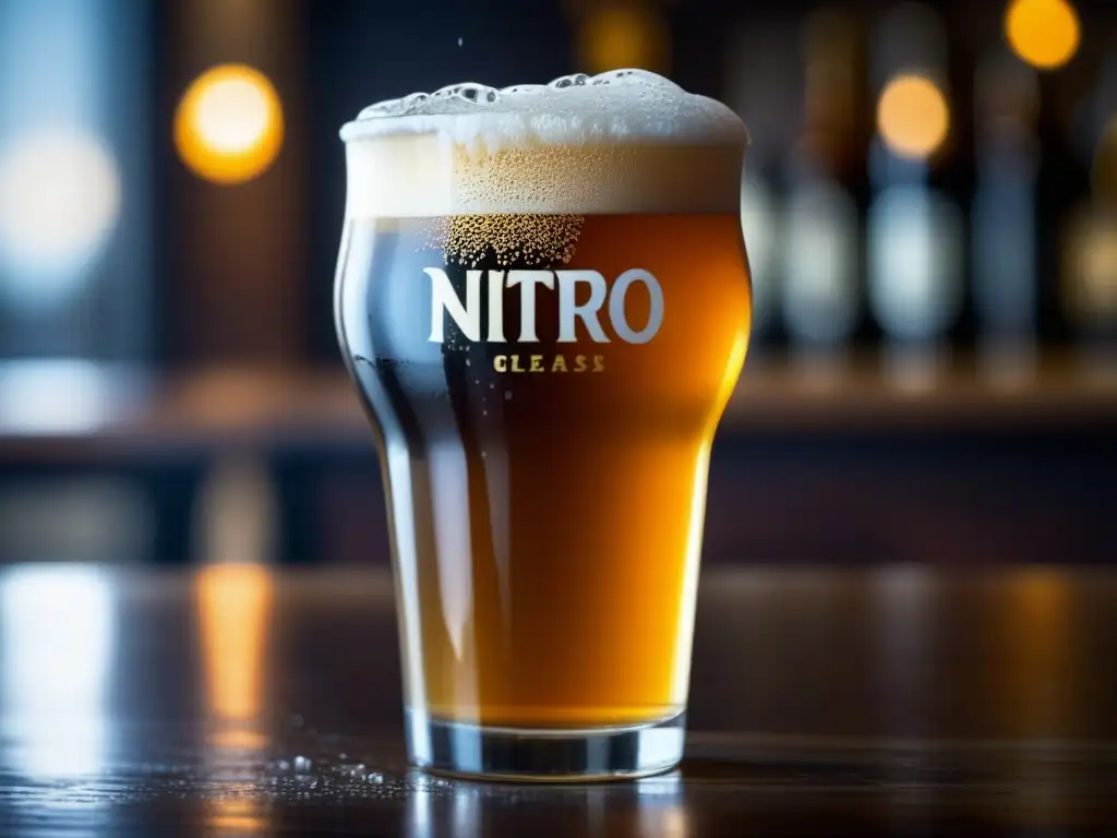 Cervezas Nitro: Pinta cremosa con cascada, burbujas y textura sedosa en bar de madera