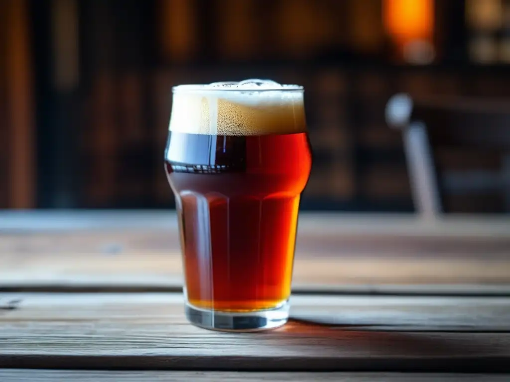 Red Ale refrescante en vaso de vidrio, resaltando su color ámbar y burbujas, con espuma delicada y escena de la cervecería en el fondo