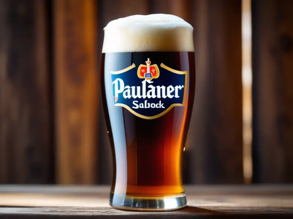 Cerveza Paulaner Salvator Doppelbock en vaso de vidrio en mesa de madera