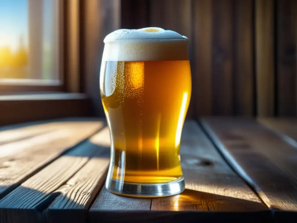 Cerveza Pilsner dorada en vaso de vidrio sobre mesa de madera rústica, iluminada por luz solar cálida