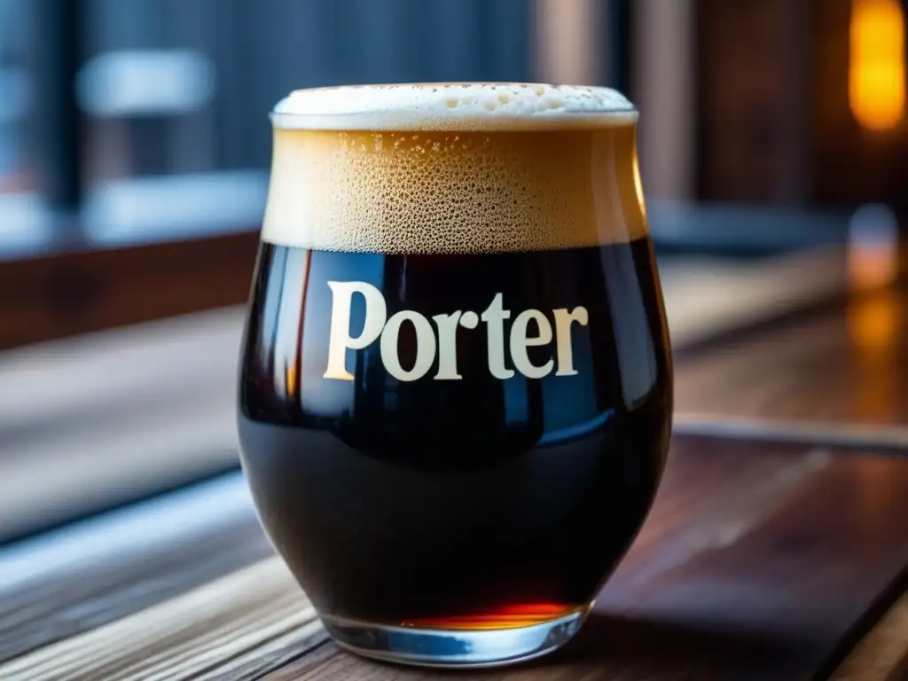 Cerveza American Porter, color mahogany intenso y espuma cremosa, burbujas efervescentes en un vaso sobre mesa de madera rustica