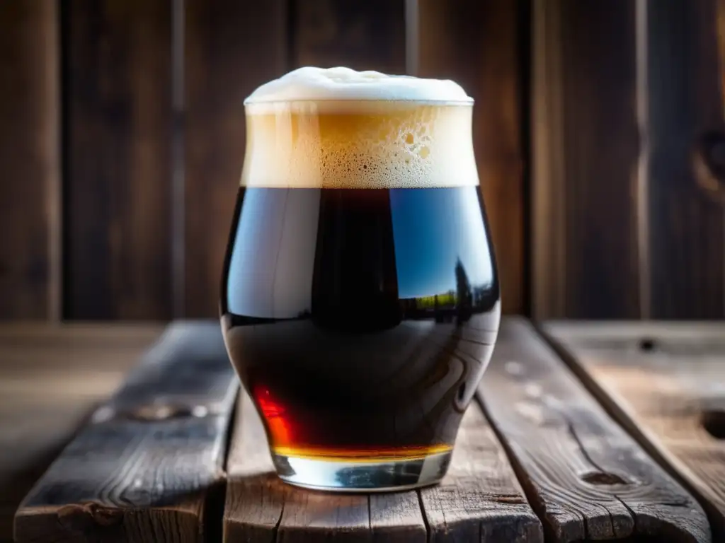 Imagen de una exquisita cerveza American Porter en una mesa rústica, resaltando su color marrón oscuro y su espuma cremosa