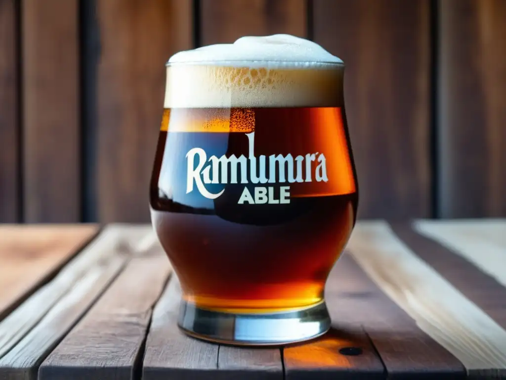 Cerveza Rámuri Tarahumara Copper Ale, color ámbar, perfectamente servida en vaso de vidrio sobre mesa de madera rustica