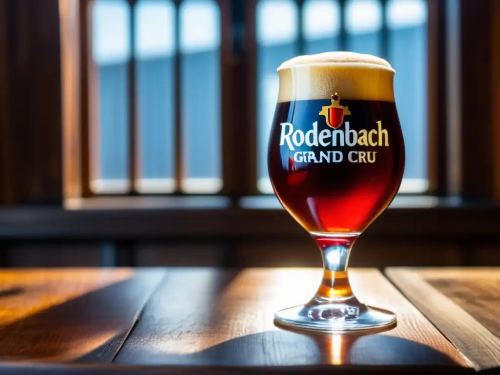 Cerveza Rodenbach Grand Cru Flanders Red Ale con detalles y efervescencia -