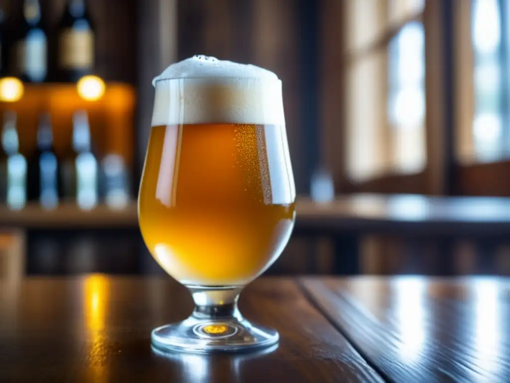 Copa de cerveza Saison Tradicional dorada con espuma blanca y burbujas brillantes en una mesa de madera rústica