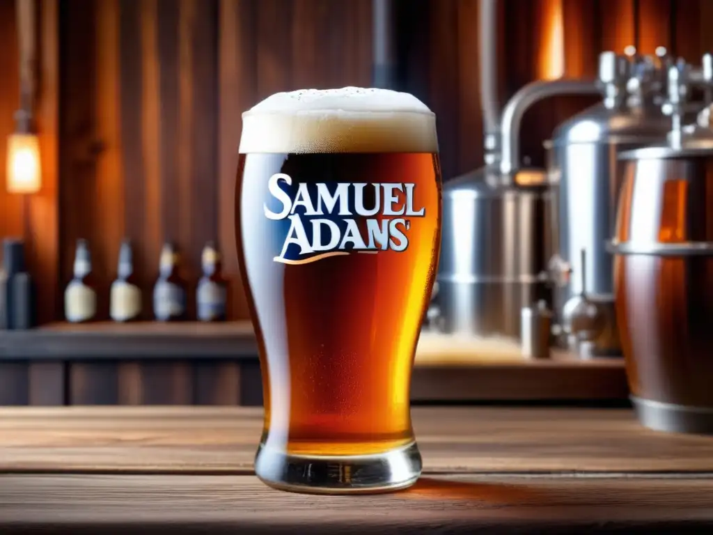 Un vaso de cerveza Samuel Adams en una mesa de madera rústica, con equipo de elaboración al fondo