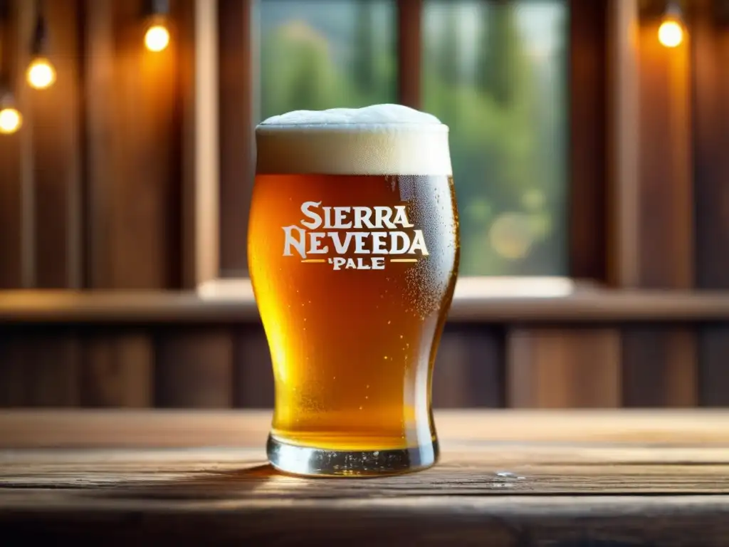 Detallada imagen de una cerveza Sierra Nevada Pale Ale en una mesa de madera rústica