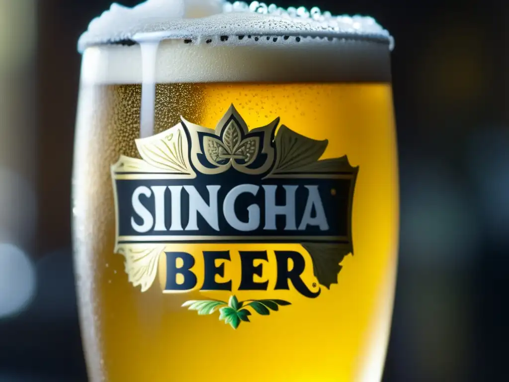 Vaso de Singha: refrescante cerveza dorada con burbujas y lima