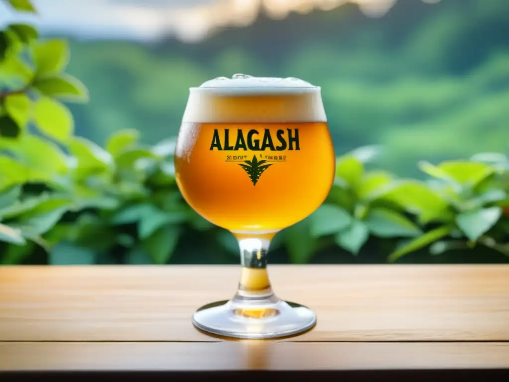 Una imagen detallada de una cerveza Sour Saison de Allagash, con un fondo verde vibrante y la palabra clave 