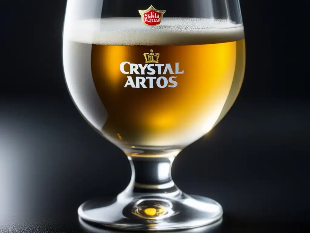 Copa Stella Artois llena de cerveza dorada y burbujeante, sobre superficie negra elegante, reflejando luz y sombras