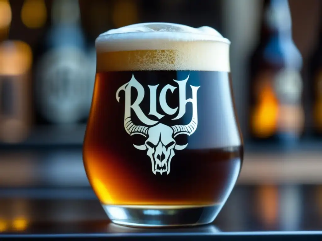 Una mano sostiene una cerveza ámbar con el logo de Stone Brewing, con espuma cremosa y burbujas ascendentes