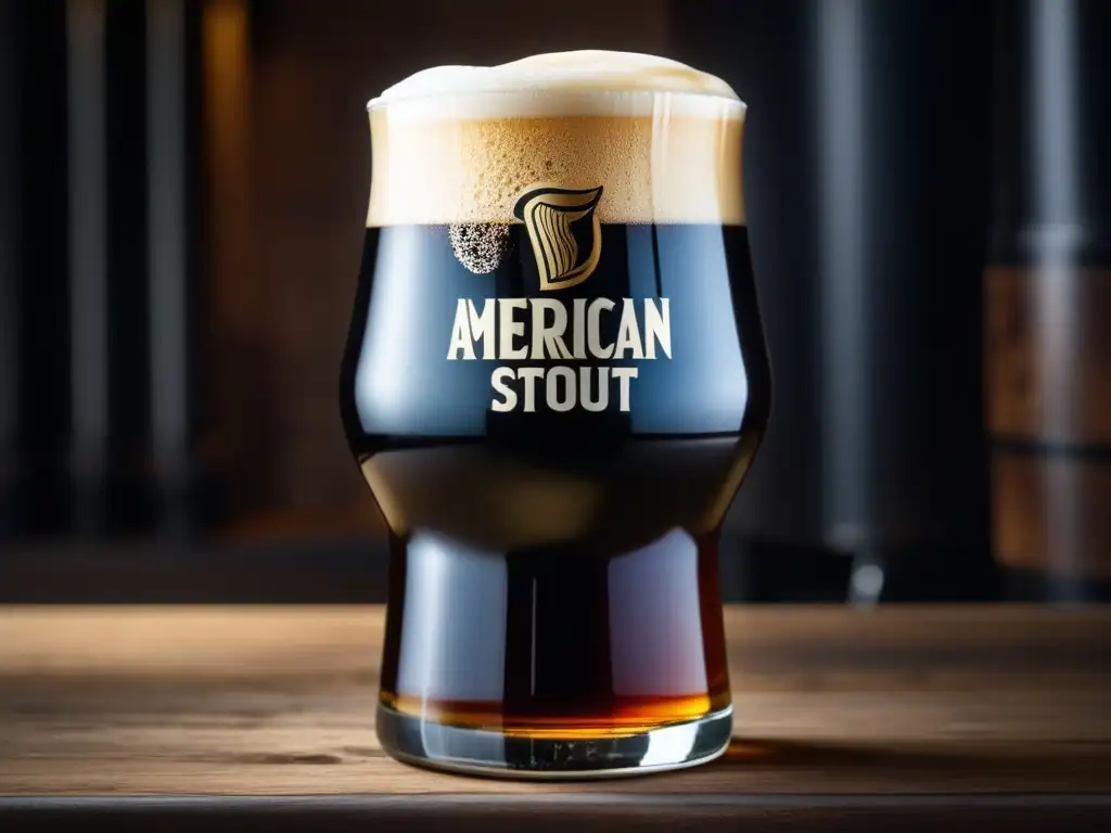 Una imagen detallada muestra una pinta de cerveza Stout americana, negra y cremosa