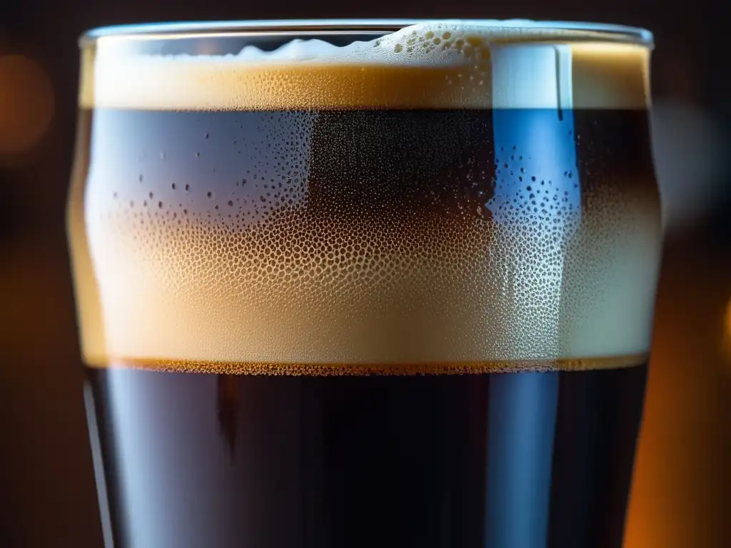 Cerveza Stout de Chocolate: copa elegante llena de cerveza oscura y cremosa, con burbujas y textura irresistible