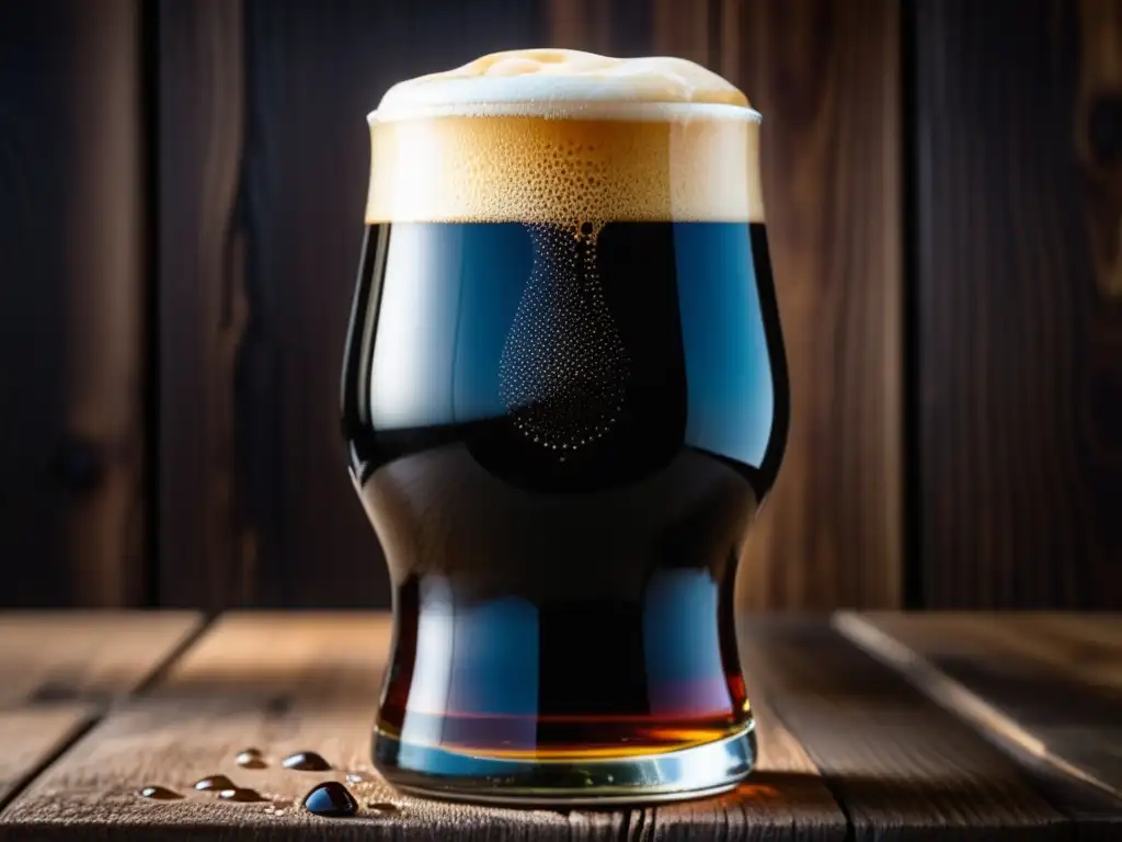 Vaso de cerveza Stout negro con espuma cremosa y burbujas en una mesa de madera