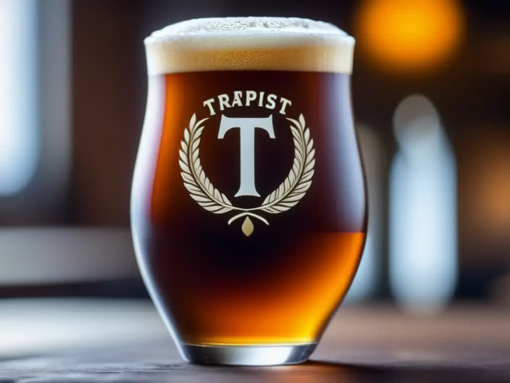 Vaso de cerveza Trappist con espuma cremosa y color ámbar, resaltando sus detalles elegantes y burbujas vivas