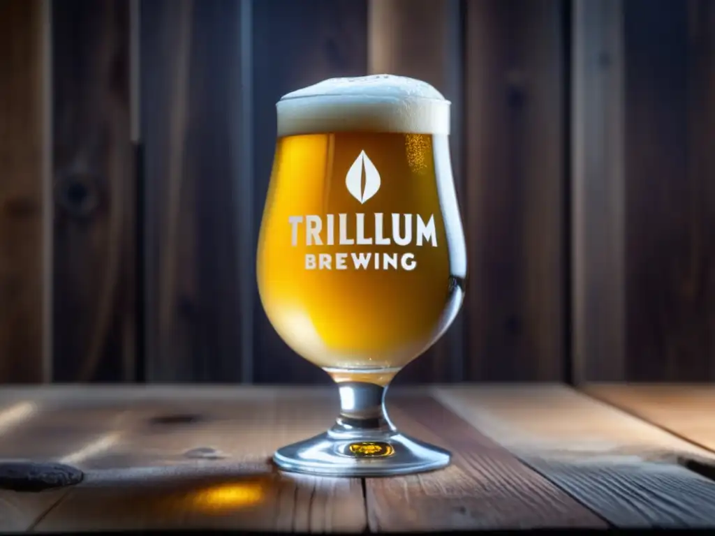 Una cerveza de Trillium Brewing Company en una elegante copa de cristal, con burbujas y detalles exquisitos