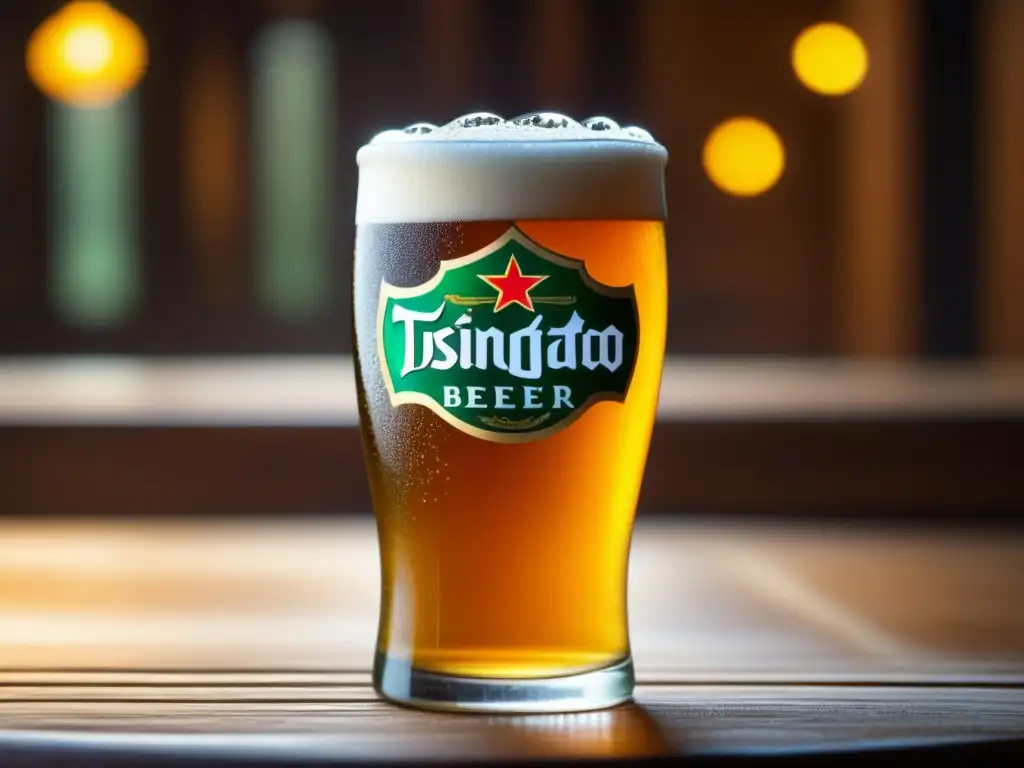 Chilled glass of Tsingtao beer, showcasing its effervescence, clarity, and craftsmanship