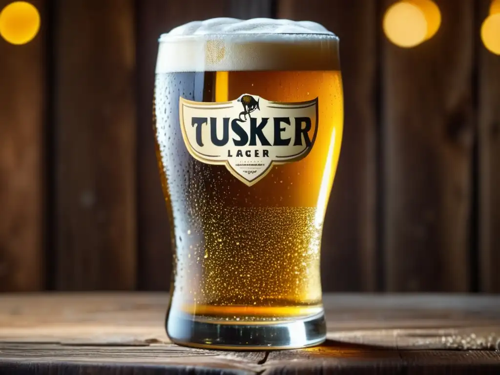 Cerveza Tusker Lager en vaso de cristal con detalles elegantes