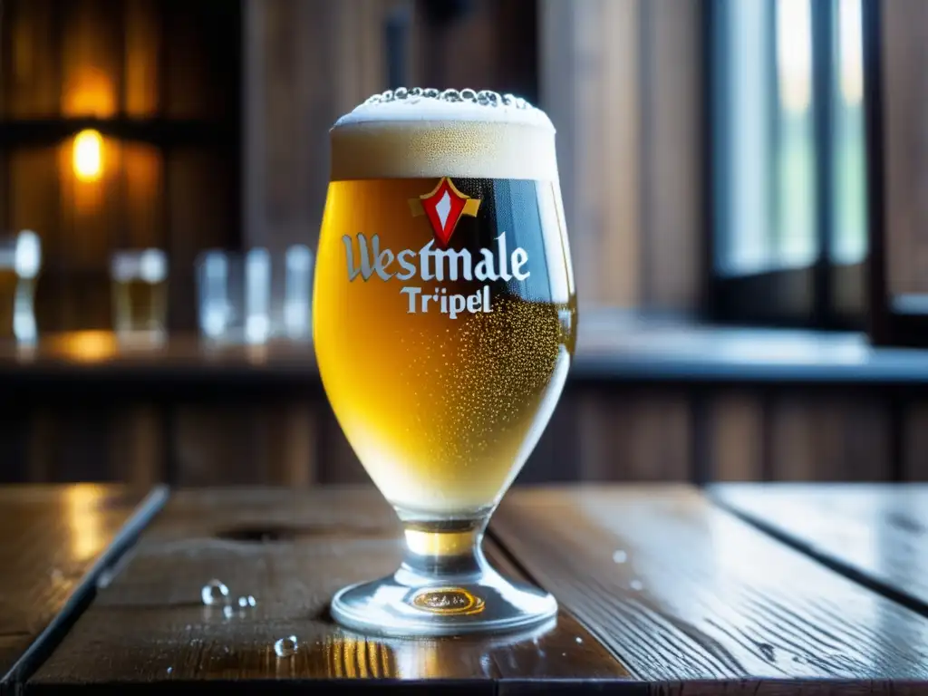 Copa de cerveza Westmalle Tripel, dorada y efervescente, en una mesa de madera rústica