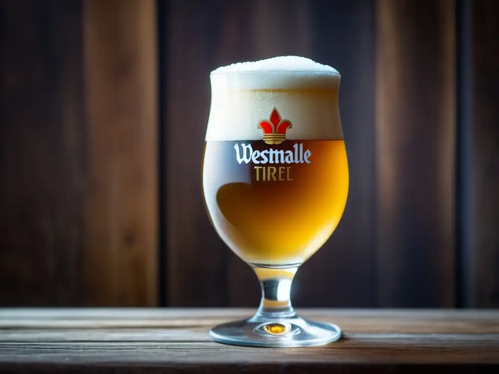 Vaso de cerveza Westmalle Tripel, dorada y burbujeante, sobre una mesa de madera rústica