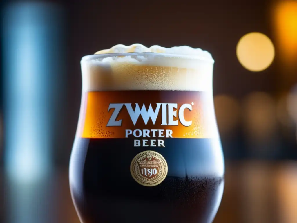 Copa de cerveza Zywiec Porter, color marrón oscuro, espuma cremosa y burbujas ascendentes