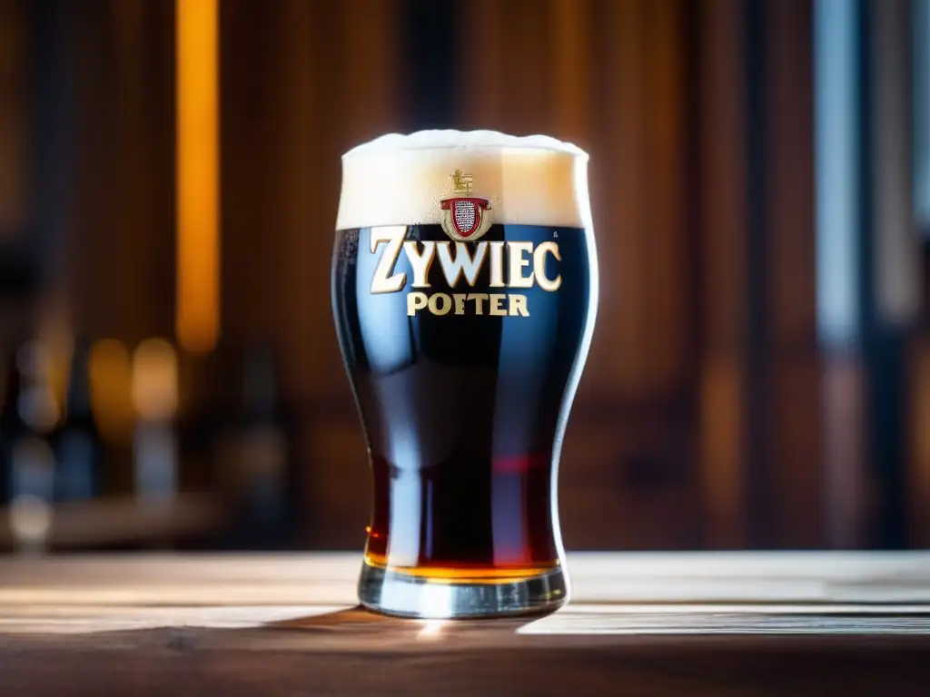 Cerveza Zywiec Porter, una Baltic Porter oscura y rica, en vaso de vidrio en mesa de madera