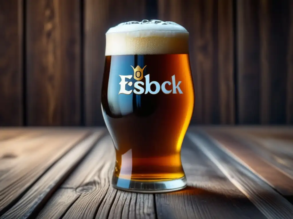 Cerveza Eisbock en vaso de vidrio adornado, color ámbar intenso, burbujas y condensación destacan