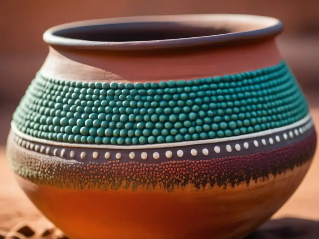 África Precolonial: Vaso de fermentación africano de arcilla con sorghum fermentado, colores vibrantes y texturas intrincadas