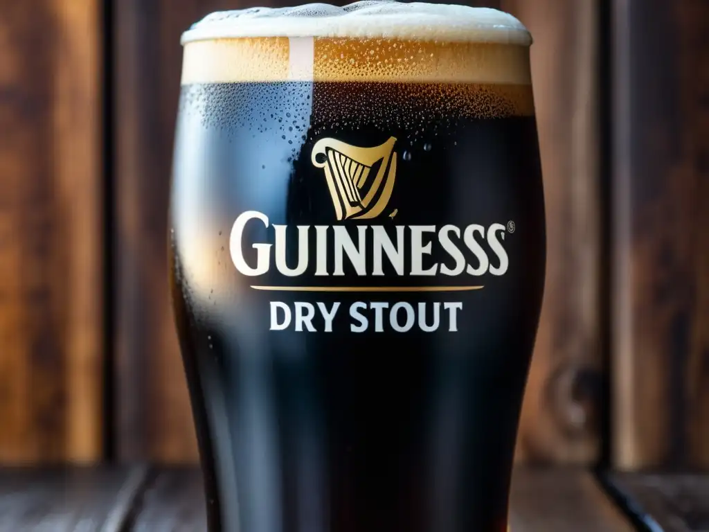 Pintura de Guinness Dry Stout con espuma cremosa y tonos ámbar (110 caracteres)