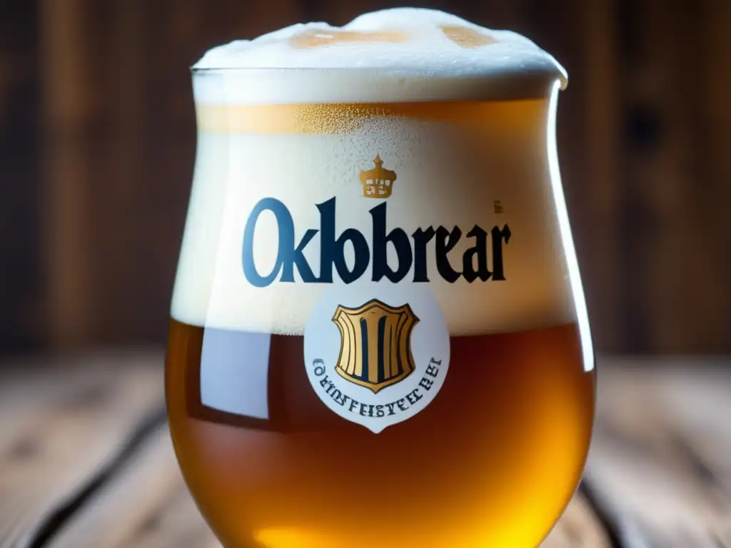 Un vaso de cristal lleno de Hofbräu Oktoberfestbier Märzen, de color ámbar y burbujas elegantes, sobre una mesa de madera