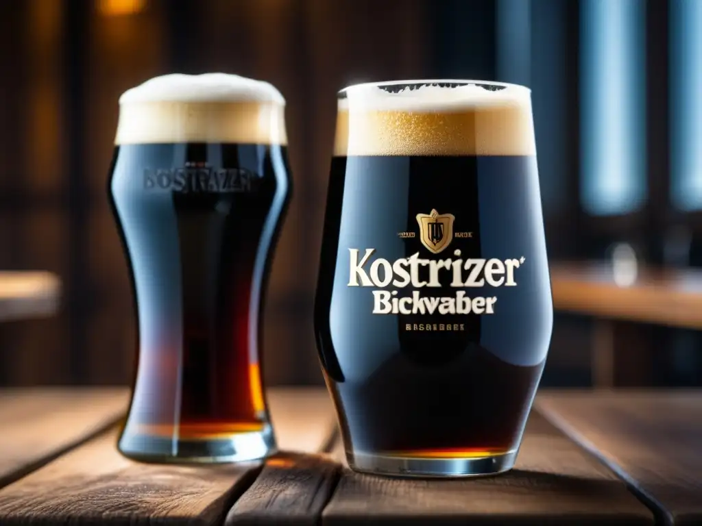 Vaso de Köstritzer Schwarzbier: color oscuro, espuma cremosa, detalles intrincados, etiqueta de Köstritzer