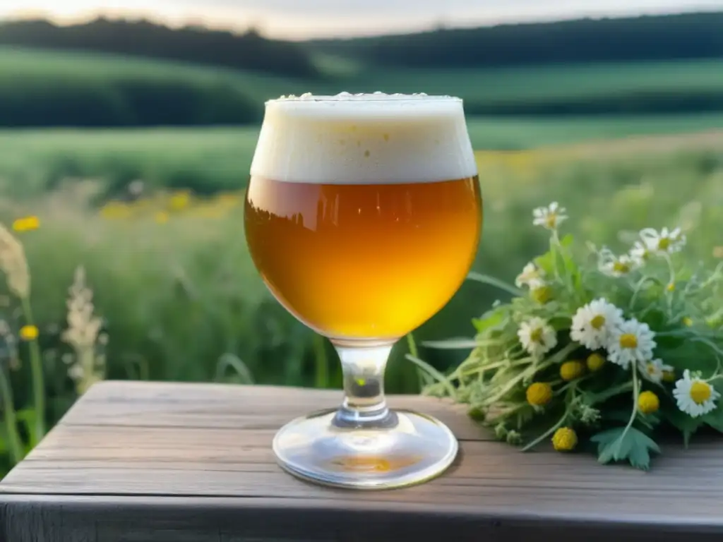 Imagen detallada de una copa de cerveza lambic dorada rodeada de flores silvestres y hierbas del valle del río Senne