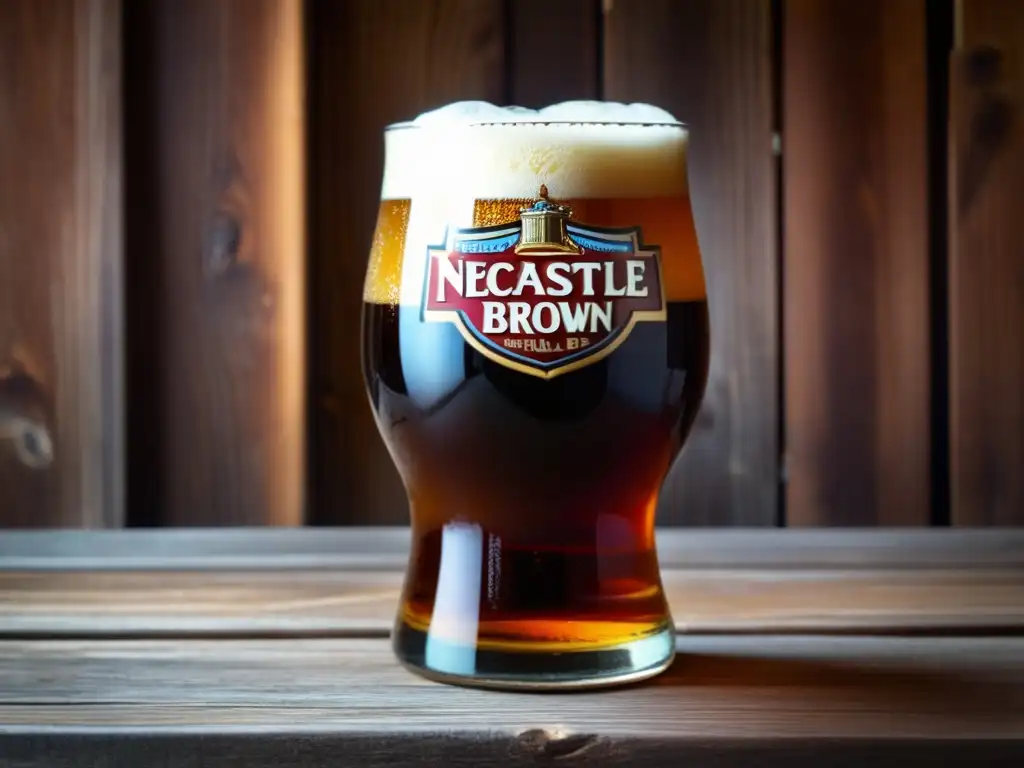 Imagen de una cerveza Newcastle Brown Ale en vaso de vidrio, con detalles delicados y ambiente de pub acogedor