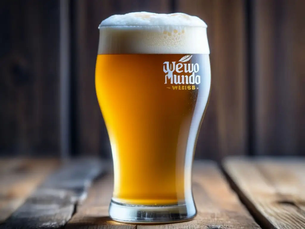 Cerveza de trigo Nuevo Mundo Weissbier en vaso, con espuma cremosa y burbujas doradas