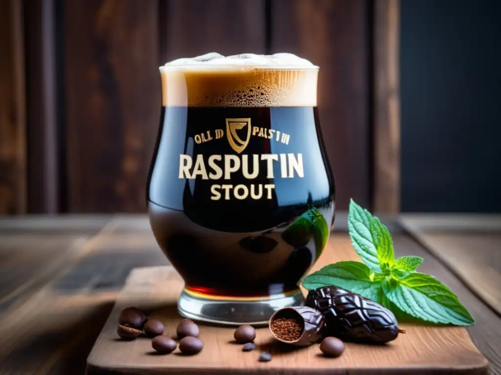 Vaso con Old Rasputin Russian Imperial Stout, color oscuro, espuma cremosa, mesa de madera, granos de café, chocolate, menta fresca