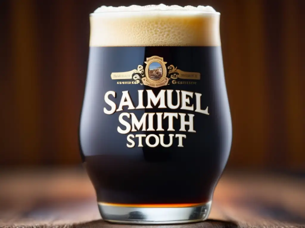 Cerveza Stout Samuel Smith, color oscuro, espuma cremosa, textura suave y tentadora