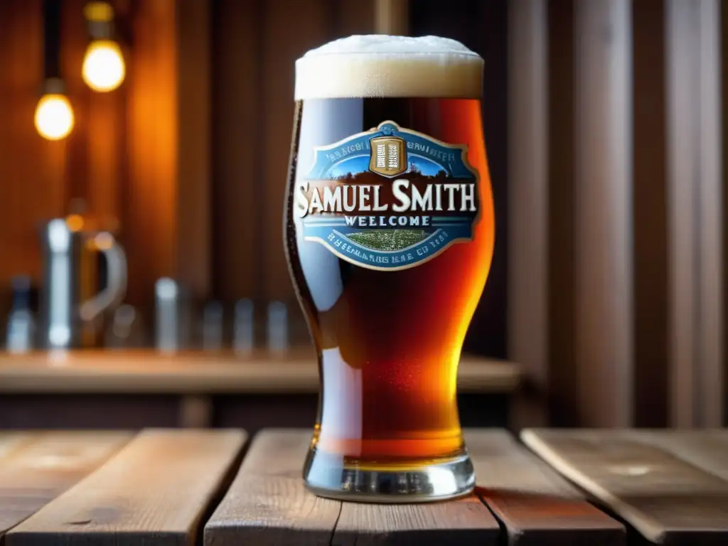 Cerveza Winter Warmer Samuel Smith en vaso de vidrio sobre mesa de madera, con detalles de espuma y elementos invernales