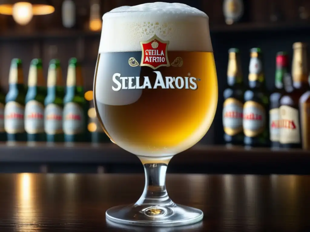 Cerveza Stella Artois dorada y espumosa en barra de madera oscura