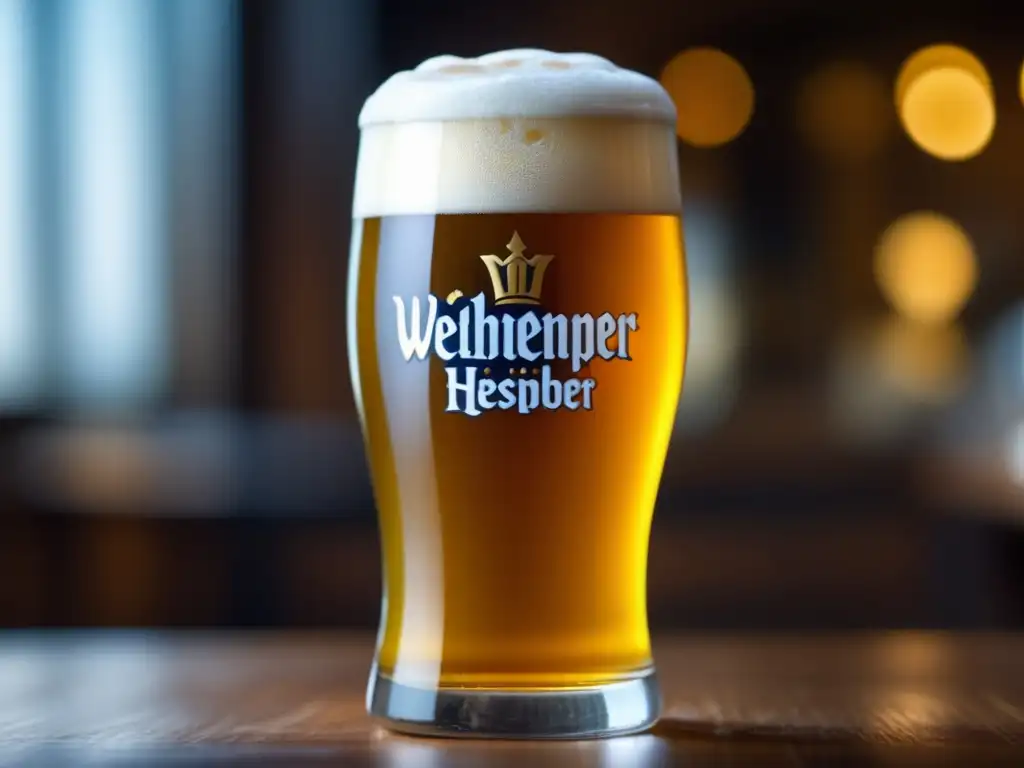 Cerveza Weihenstephaner Hefeweissbier dorada y refrescante en vaso de vidrio -