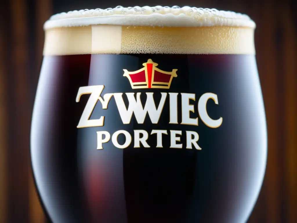 Imagen detallada de Zywiec Porter, cerveza Baltic Porter, en vaso lleno en mesa de madera rústica