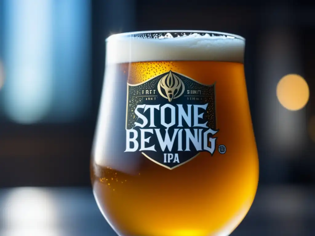 Cerveza Stone Brewing IPA: vidrio helado con burbujas y logo de la marca