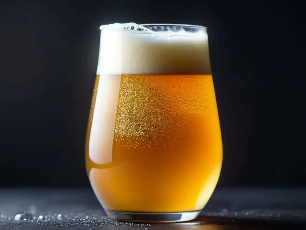 Vaso de cerveza NEIPA lleno de líquido dorado y espuma cremosa en fondodark