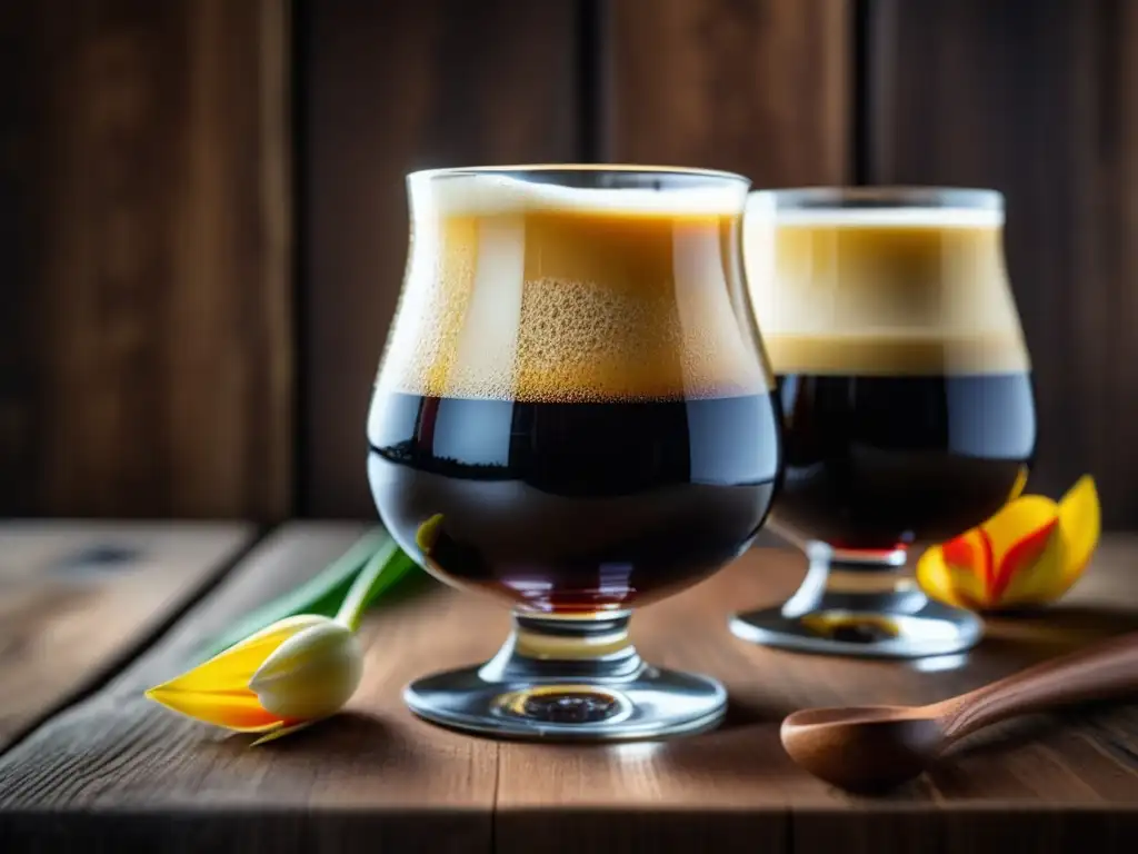 Vasos y Copas: Imagen 8k detallada de Vaso Stout, Copa Snifter y Copa Tulipa con composición atractiva