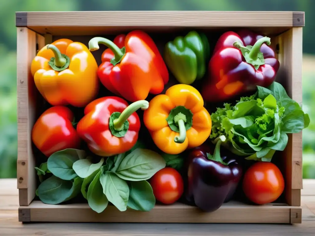 Ingredientes locales en una caja de madera con vegetales y frutas frescas de colores vibrantes