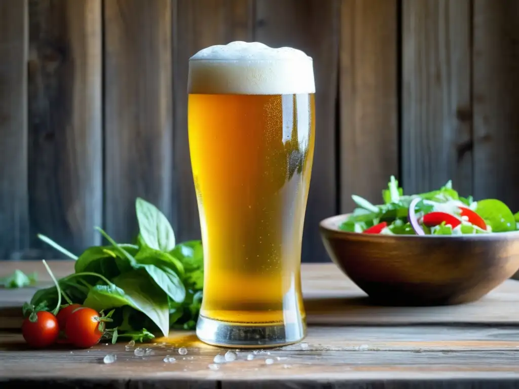 Copa de Kölsch y Ensalada de Verano: refrescante cerveza dorada y vibrante mezcla de ingredientes frescos