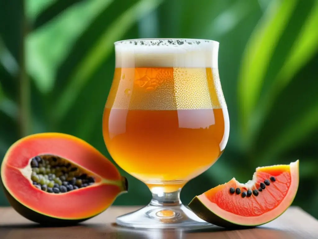 Cerveza Sour Ale dorada con papaya, condensación y burbujas (110 caracteres)