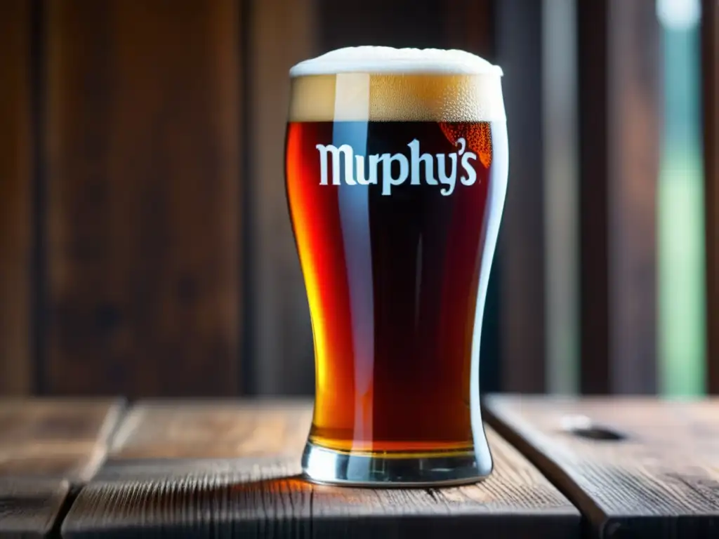 Una impresionante Red Ale en un elegante vaso de cristal, con tonos rojos vibrantes y burbujas efervescentes