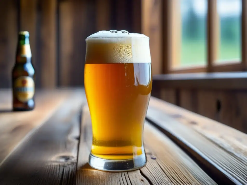 Cerveza Blonde Ale dorada en vaso limpio, con burbujas y condensación, sobre mesa de madera